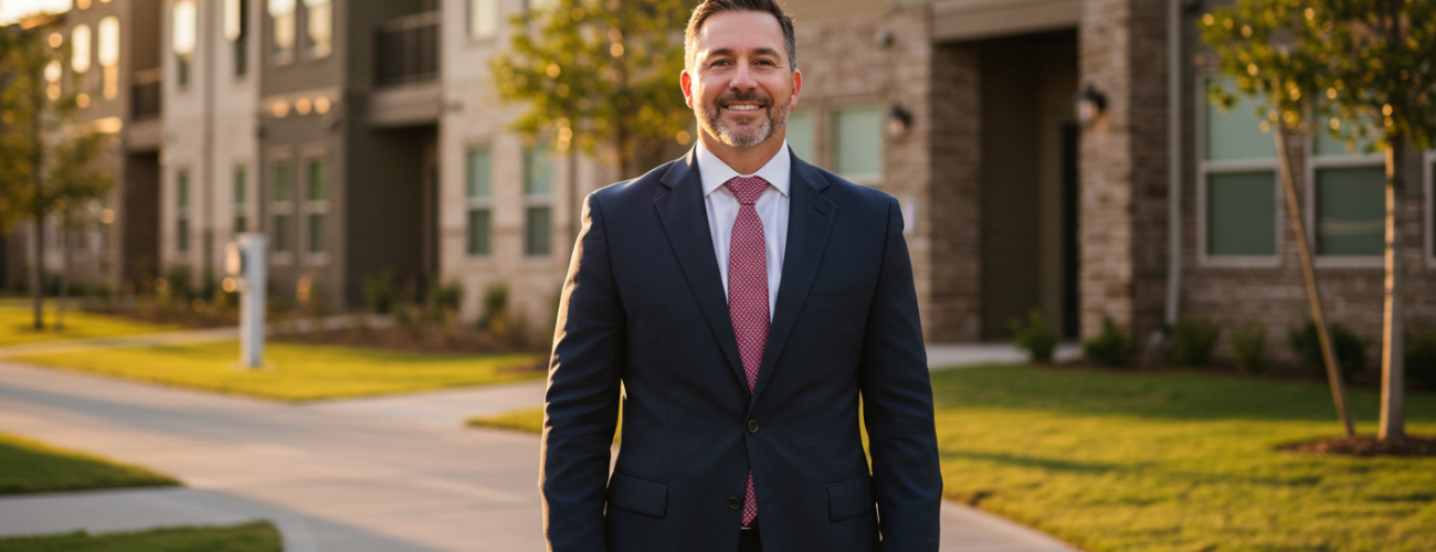 Confident-insurance-professional-standing-outside-modern-apartment-complex-in-Texas-smiling-hands-relaxed-professional-attire-warm-sunlight-background-slightly-blurred