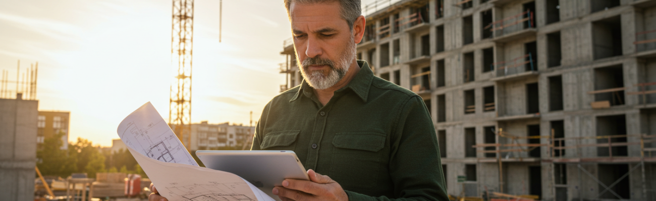 Construction-estimator-using-a-digital-tablet-to-review-apartment-building-plans-outdoors-crane-and-partially-built-apartments-in-background.-Realistic-photo-with-golden-sunlight