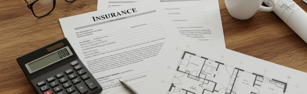 Flat-lay-of-insurance-documents-calculator-apartment-floor-plans-and-coffee-mug-on-a-wooden-desk.-Organized-layout-warm-neutral-lighting-top-down-view