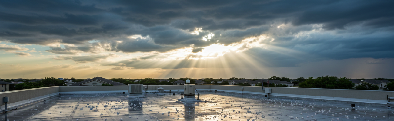 Texas-apartment-building-roof-with-visible-storm-clouds-in-distance-sunlight-breaking-through-after-hailstorm.-Realistic-sky-and-lighting-clean-composition